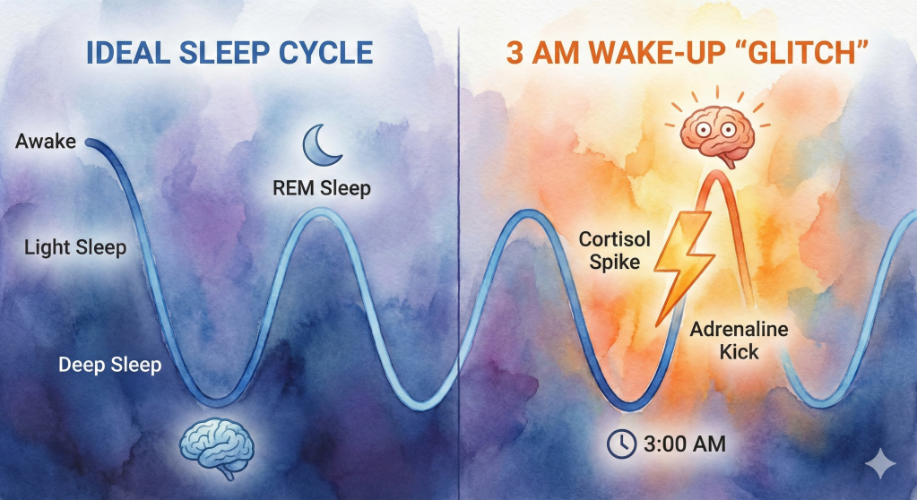 Watercolor chart illustrating maintenance insomnia: comparing an ideal sleep cycle (blue waves) to a disrupted cycle caused by a 3 AM cortisol spike and adrenaline kick (red jagged line).
