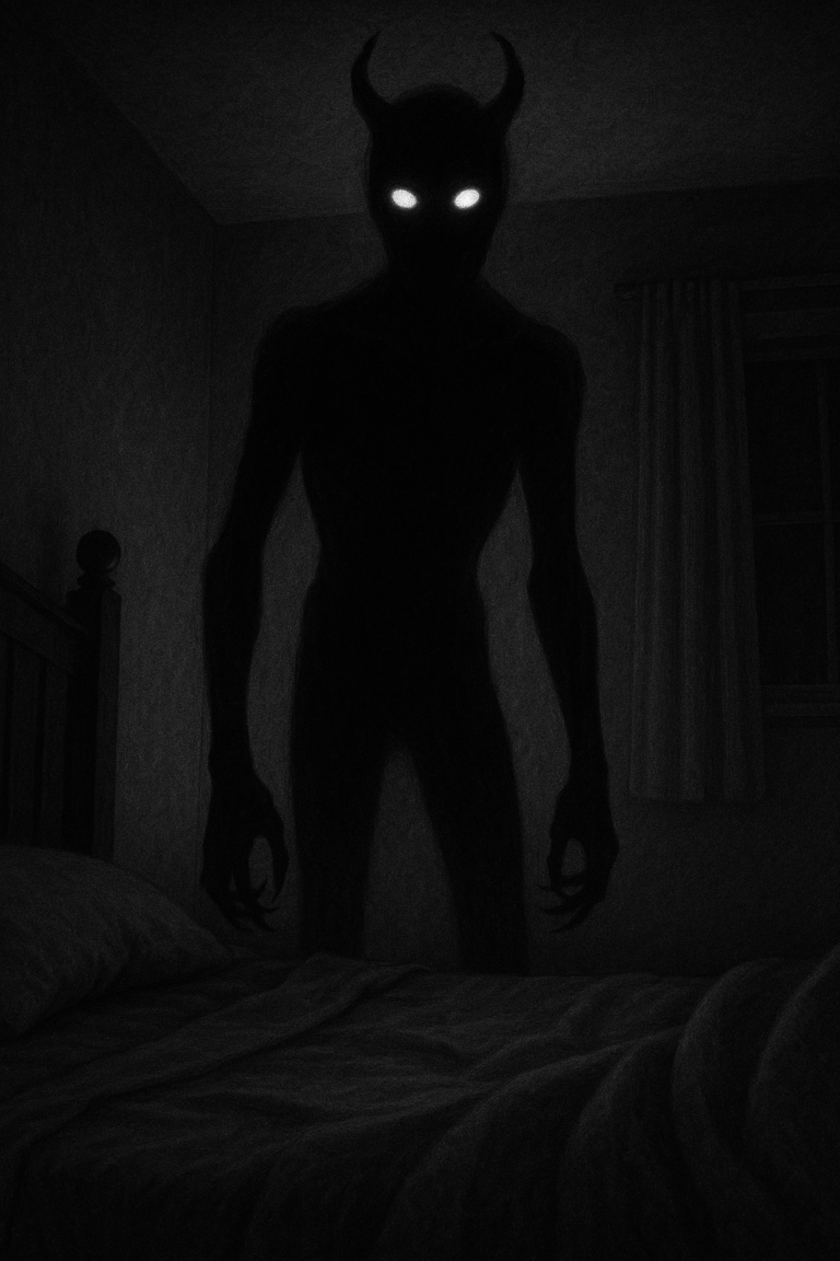 scary dark sleep paralysis demon staring at the camera in a dark room