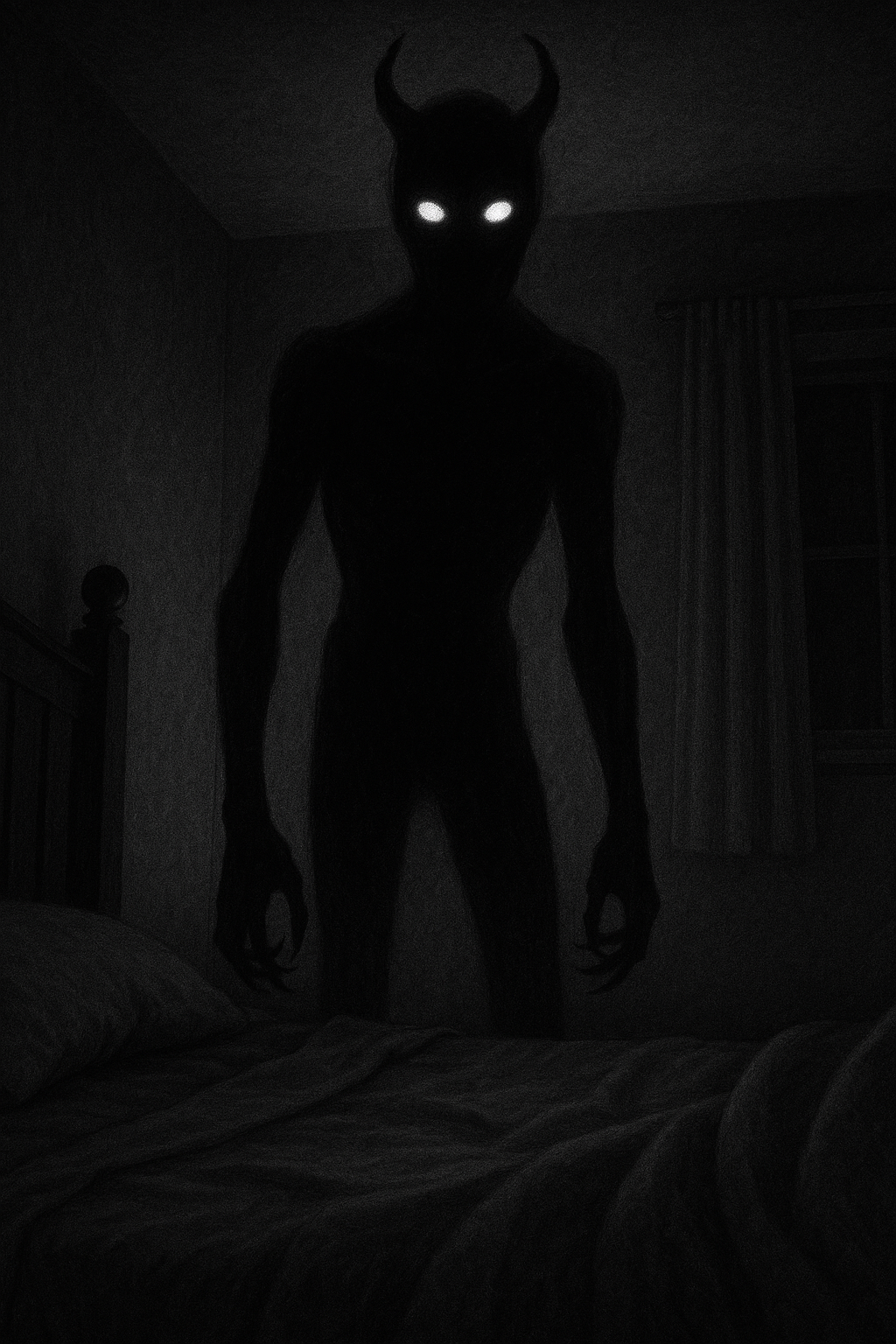 scary dark sleep paralysis demon staring at the camera in a dark room