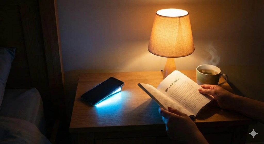 A smartphone face-down on a nightstand casting harsh blue light, contrasted with hands reading a dream journal under a warm amber bedside lamp with herbal tea.