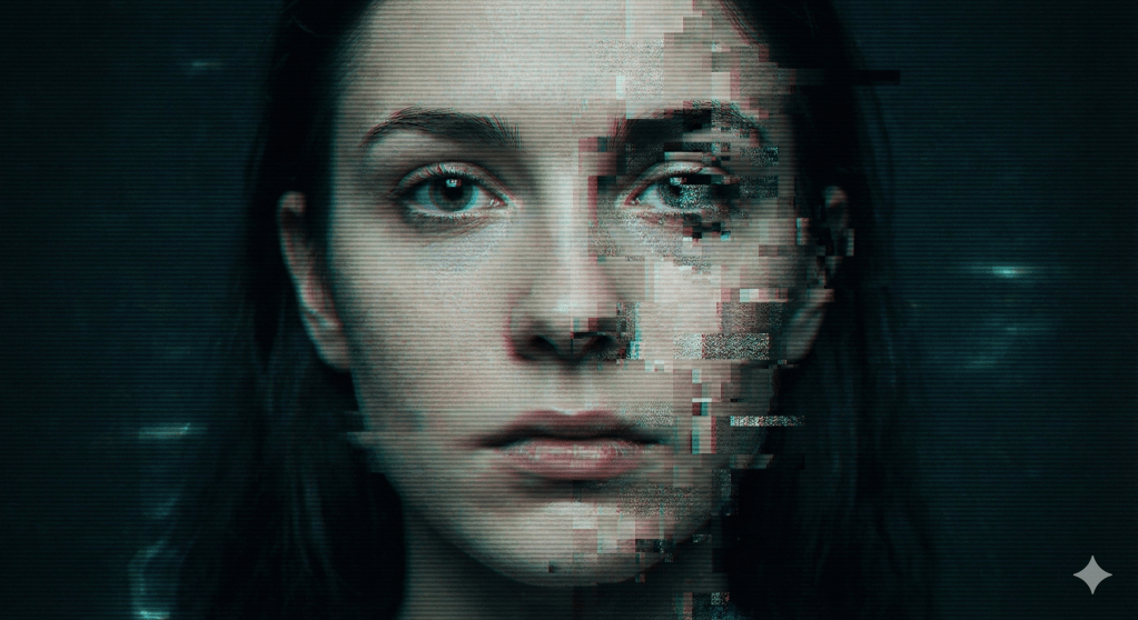 Surreal glitch art portrait of a woman's face distorting, illustrating the Uncanny Valley effect and simulation errors when interacting with dream characters.