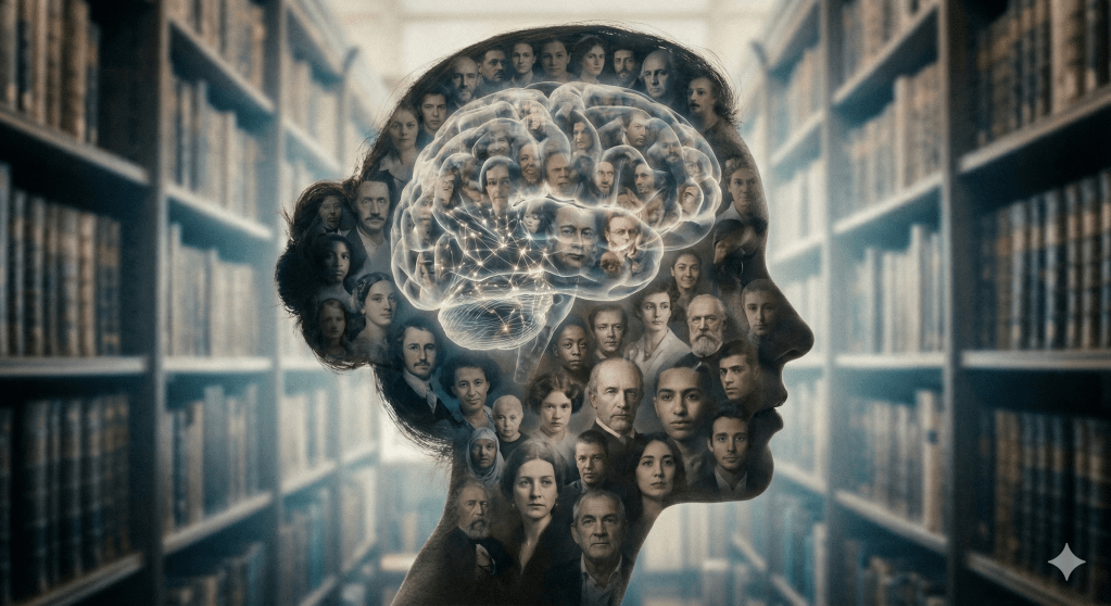 Double exposure illustration showing a human head silhouette filled with various faces, representing the brain's Fusiform Face Area storing data for dream characters.