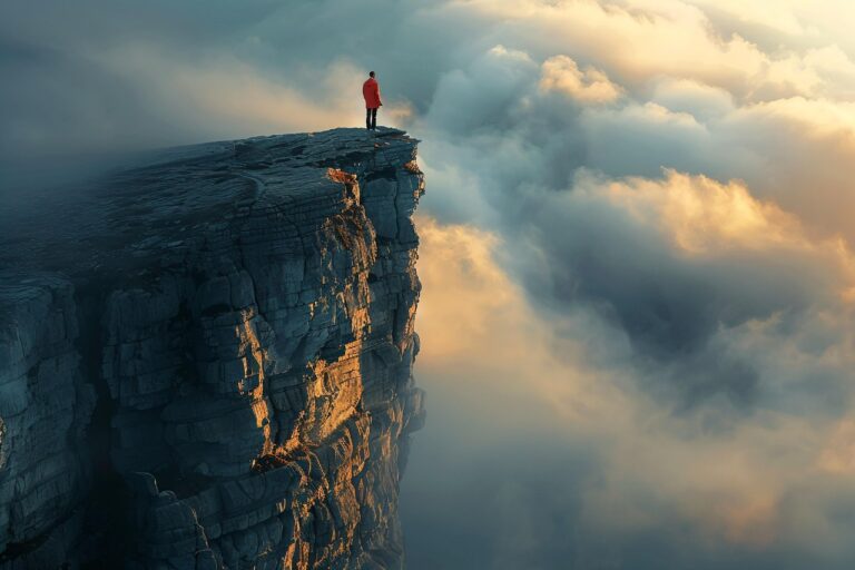Man standing on a high cloud cliff in dangerous lucid dream.