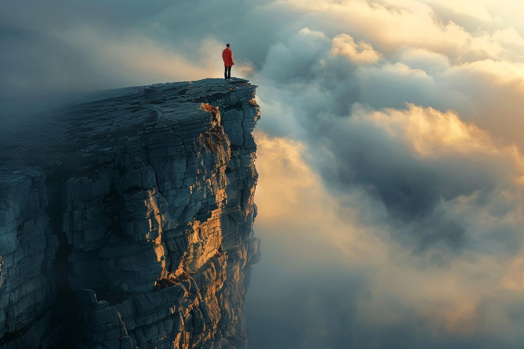 Man standing on a high cloud cliff in dangerous lucid dream.