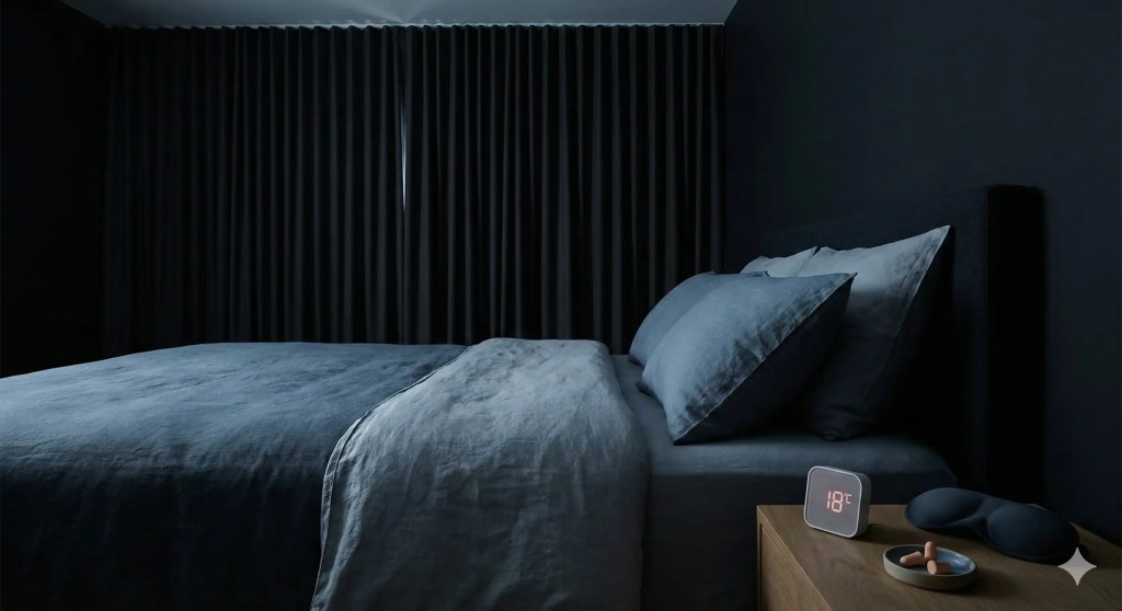 Dark bedroom optimized for sleep hygiene featuring heavy blackout curtains, a thermometer showing 18°C, and a sleep mask on the nightstand.
