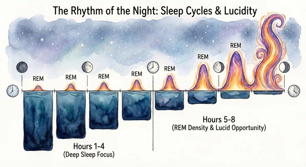 Artistic visualization of a sleep cycle hypnogram over 8 hours. Deep sleep is depicted as sinking dark blocks early in the night, while REM sleep appears as glowing energy peaks that become wider and more frequent towards the morning, illustrating the 'Lucid Opportunity'.
