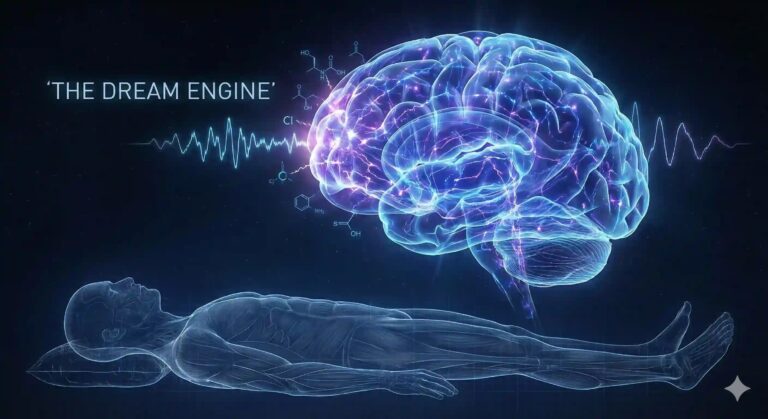 Digital illustration of the human brain during REM sleep showing active gamma waves and neural activity labeled 'THE DREAM ENGINE', contrasting with the paralyzed physical body below representing muscle atonia.