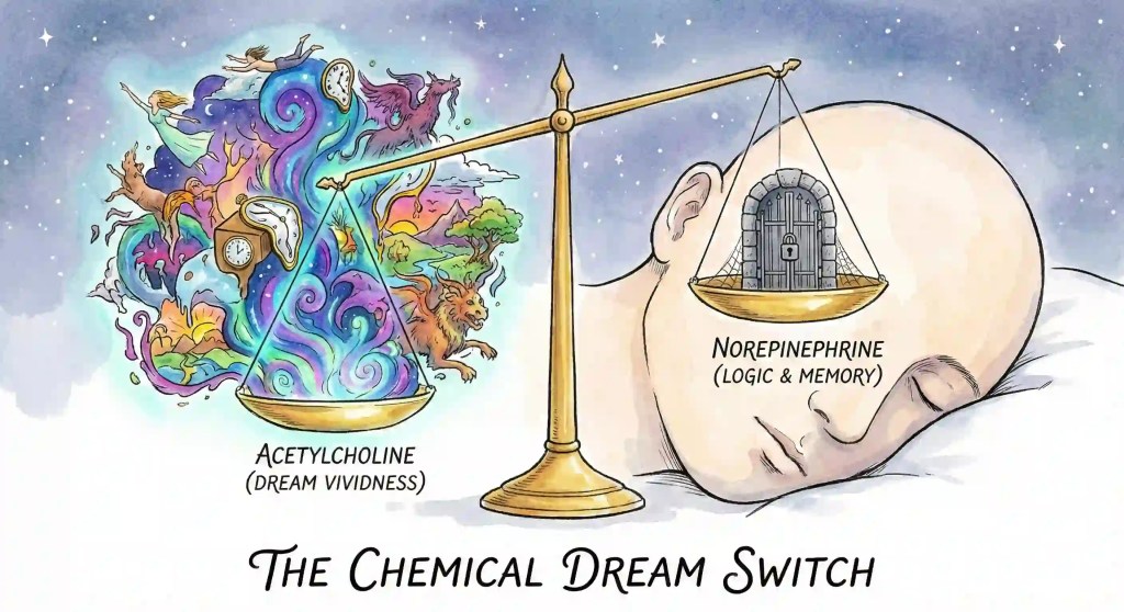 Watercolor illustration depicting the neurochemical balance of REM sleep. A scale shows heavy Acetylcholine resulting in vivid dream imagery, outweighing light Norepinephrine represented by a locked gate of logic and memory.