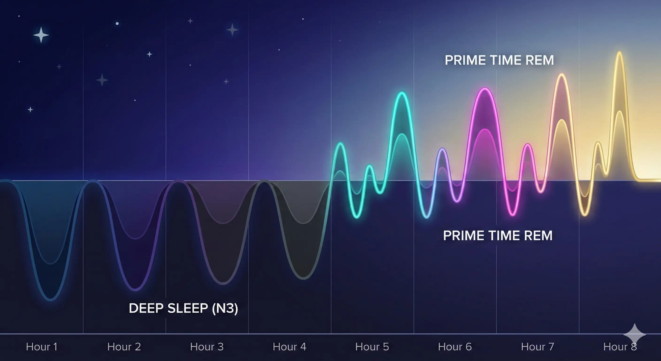 Sleep Architecture Visualization: Deep Sleep vs. REM Prime Time Graph illustrating human sleep cycles over 8 hours: Deep N3 sleep dominates the first 4 hours, while long, vibrant REM periods (prime time for lucidity) occur in hours 6-8.