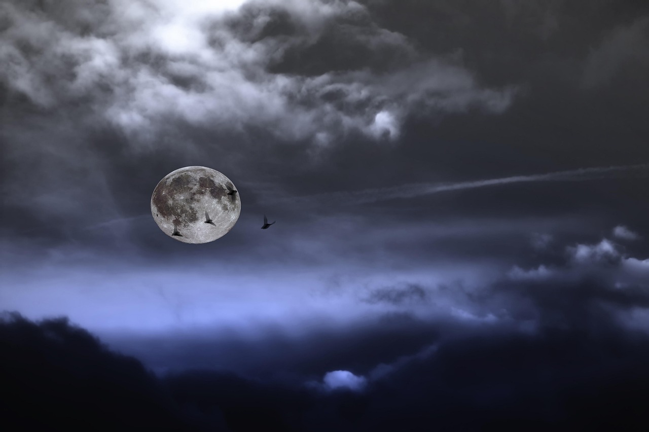 Dark foggy night with full moon after waking up from night dream due to anxiety.