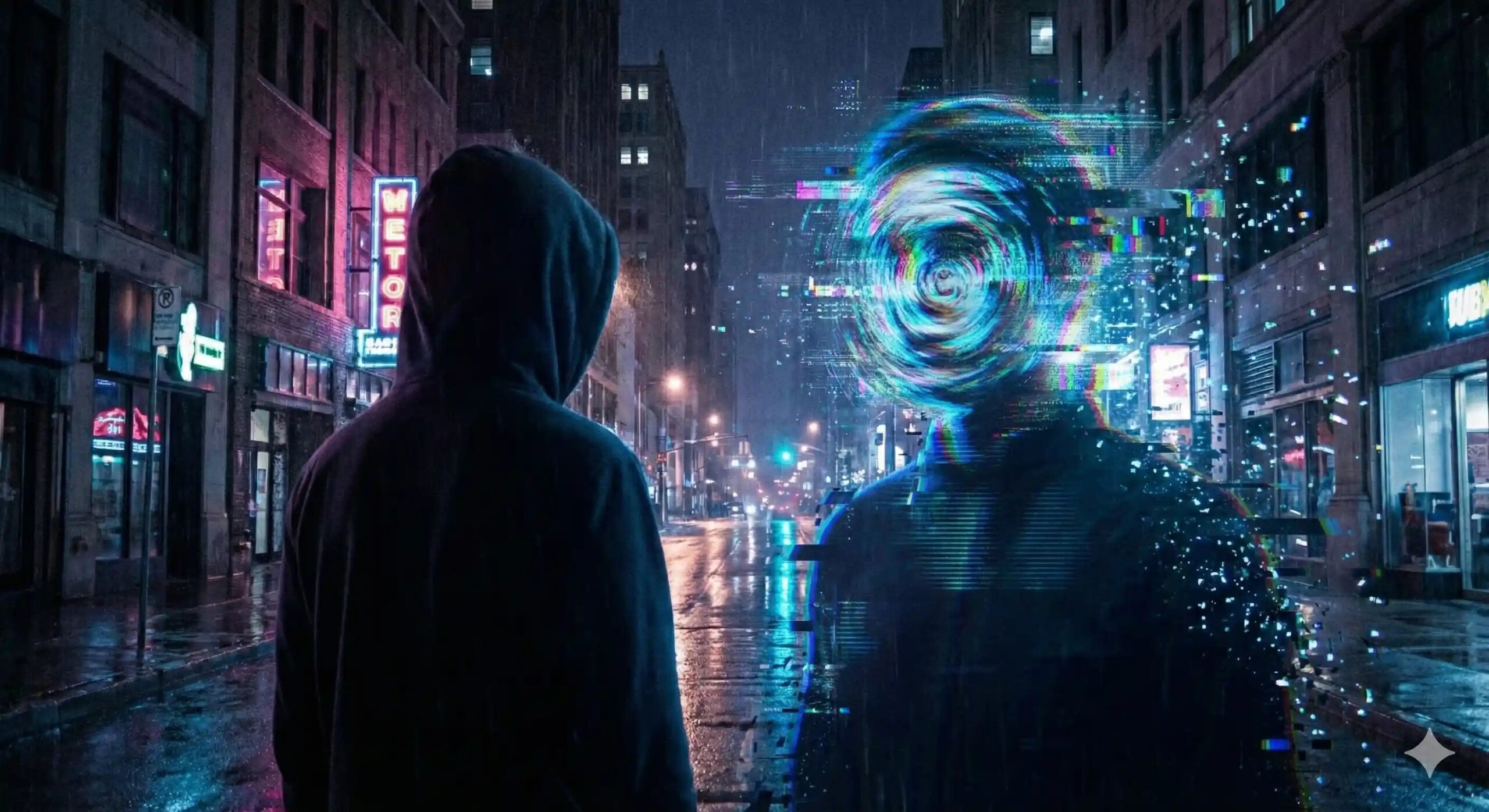A hooded figure facing a dream character with a violently swirling, glitching face in a dark city. This illustrates the visual destabilization and distortion that often occurs when asking dream characters existential questions.
