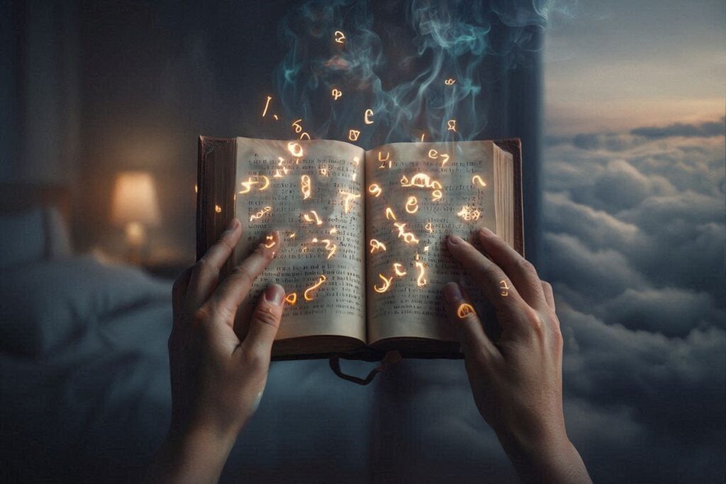 Hands holding a book in a dreamlike setting where the text morphs into glowing symbols, illustrating what happens when you try to read in a lucid dream.