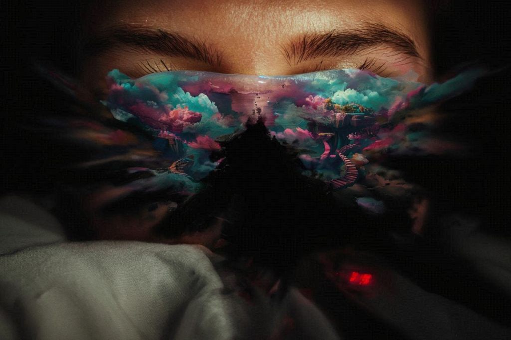 First-person view of a lucid dream fading into blackness as the dreamer closes their eyes.