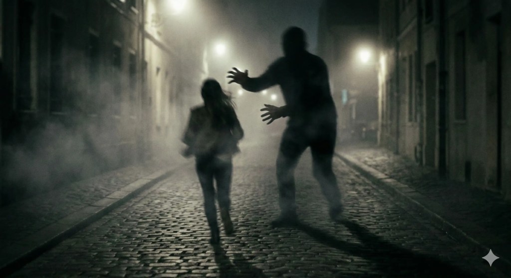 A blurry person running away from a large dark shadow figure on a foggy street, illustrating a nightmare about being chased.