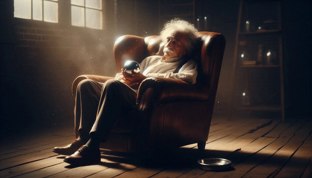 Albert Einstein holding a steel ball to enter the hypnagogic state, a creative problem-solving method similar to the WILD lucid dreaming technique.