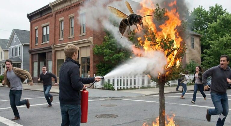 A realistic visualization of a dream scene on a small-town street. A blond man stands calmly with his back to the camera, using a red fire extinguisher on a burning tree. Above the flames, a giant hornet hovers in the air, while several people in the background run away in a panic.