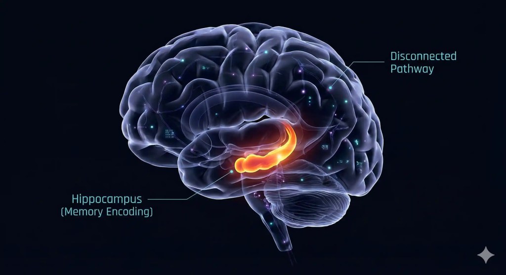 3D medical visualization of the human brain highlighting the Hippocampus, the region responsible for transferring short-term memory to long-term storage.