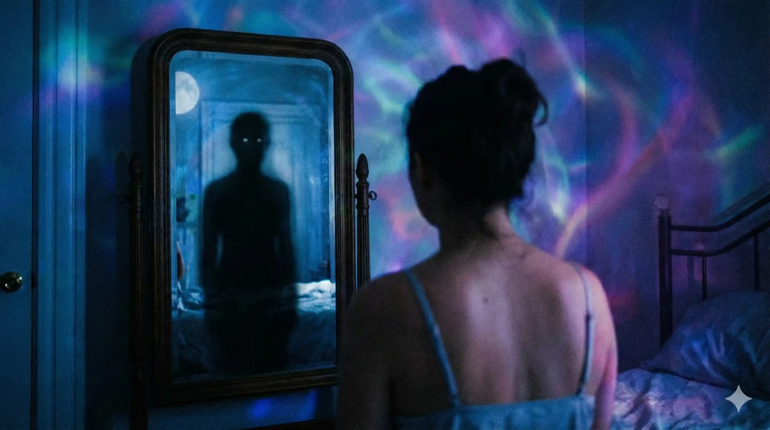 A dark silhouette reflection in a mirror during a lucid dream, illustrating the fear of looking into mirrors.