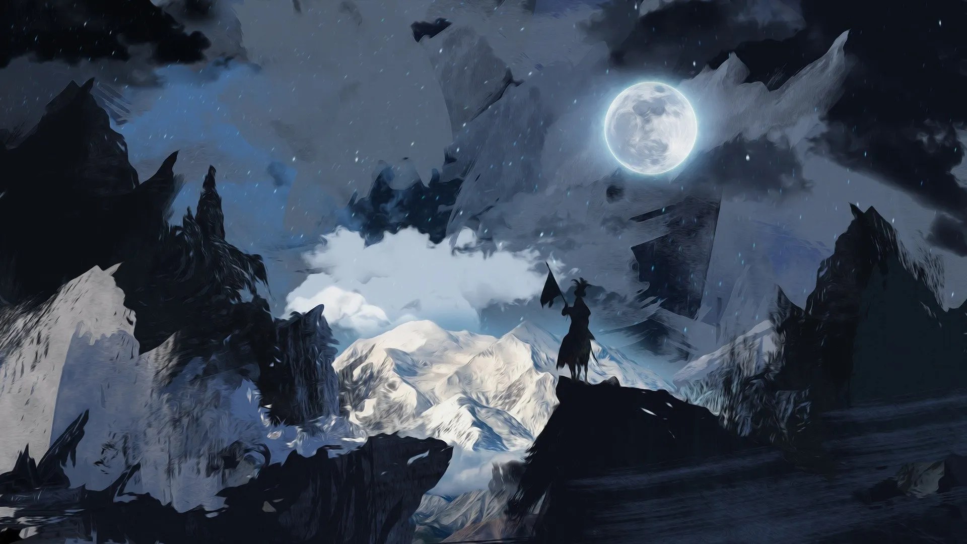 Drawing of long vivid lucid dream figure standing on mountain with full moon and snow.