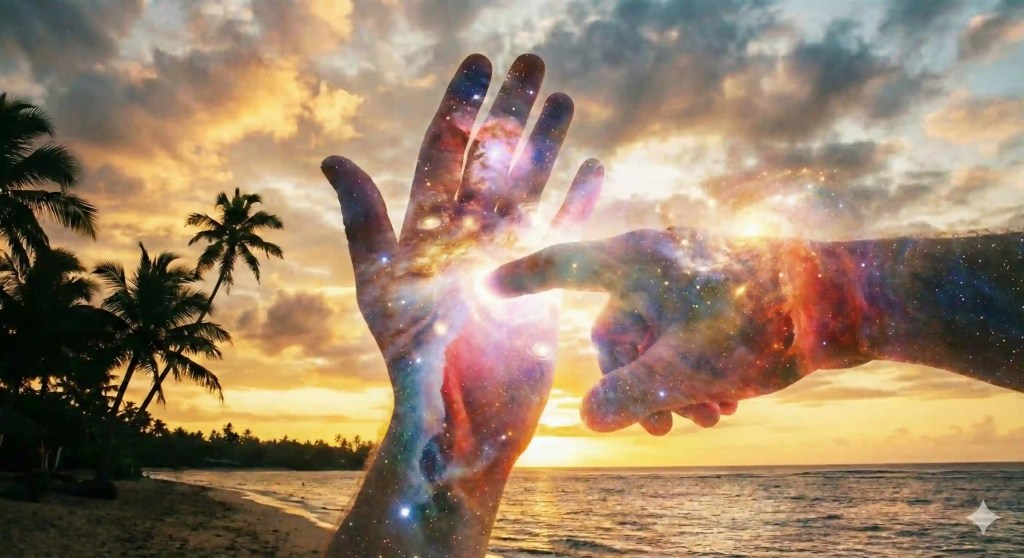 A surreal photograph of a person's hands performing a reality check on a tropical beach at sunset. The right index finger pushes through the left palm, creating an interlocking portal of colorful cosmic nebulae and stars.