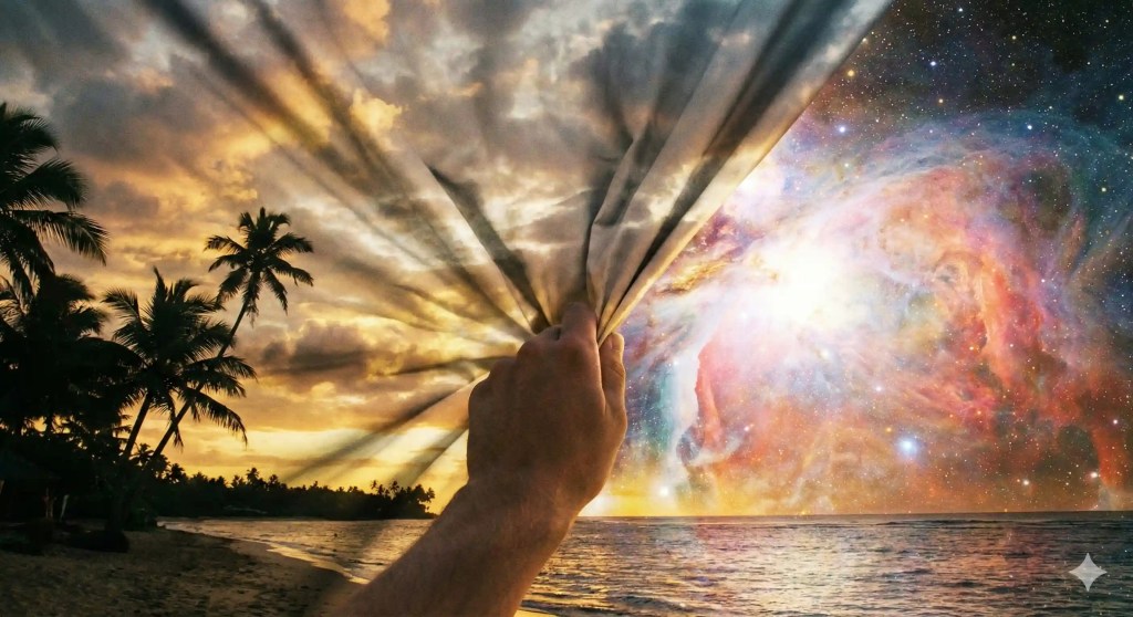A surreal photograph of a hand pulling back the tropical sunset sky like a fabric curtain, revealing a vibrant cosmic nebula and stars behind the illusion. Symbolizes piercing the veil of a dream with a reality check.