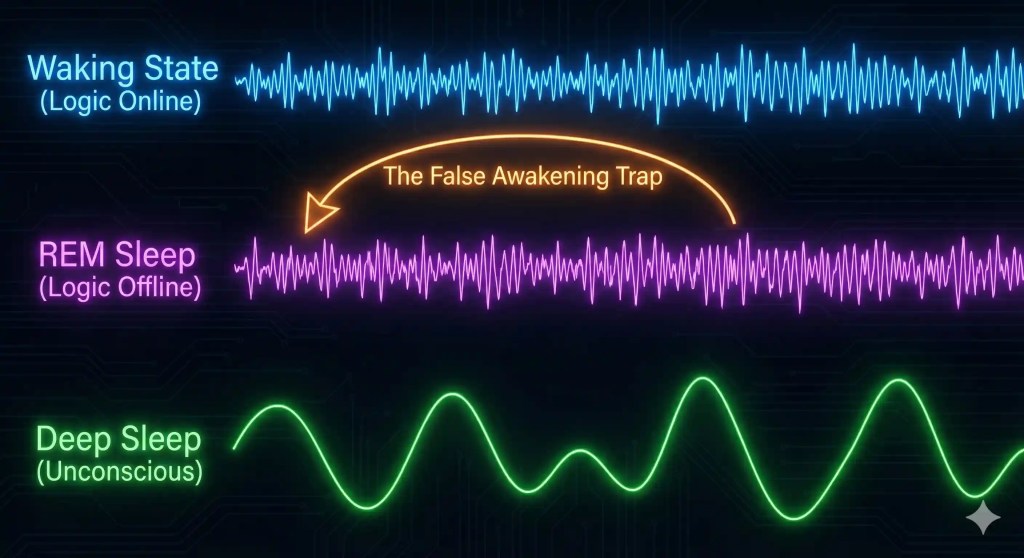 Chart comparing brainwaves during waking state and REM sleep, illustrating the similarity and the 'False Awakening Trap'.