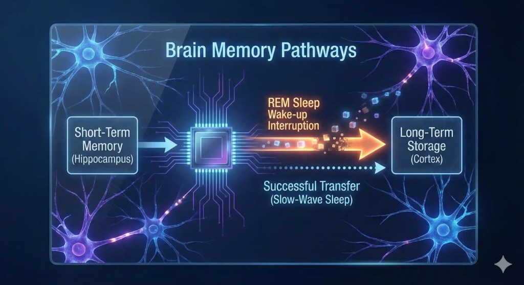 Diagram illustrating the failure of memory consolidation when waking up abruptly from REM sleep, preventing the transfer from short-term to long-term memory.