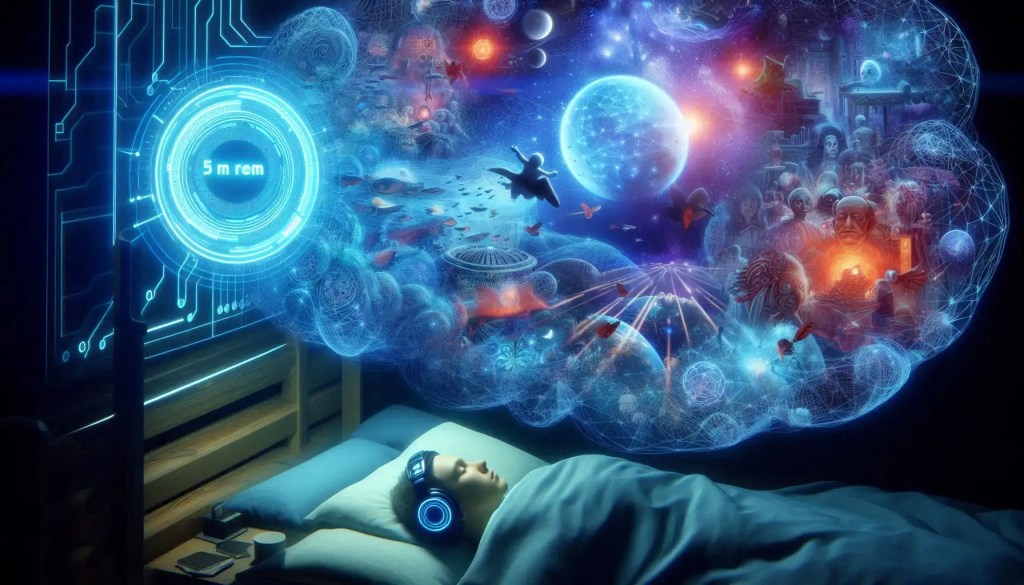 A person sleeping with headphones and sleep tracking technology, connected to a large, glowing cloud of surreal dream imagery with planets, faces, and abstract structures, showing '5 m rem' data.