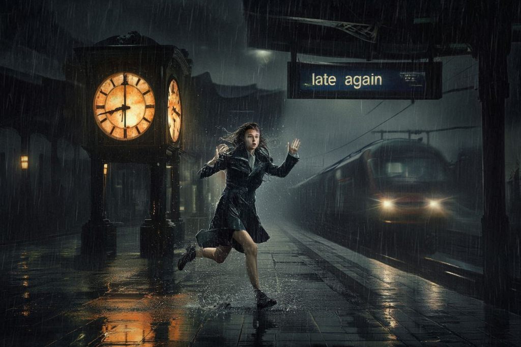 A woman running on a rainy train platform next to a giant clock, illustrating a dream about being late.