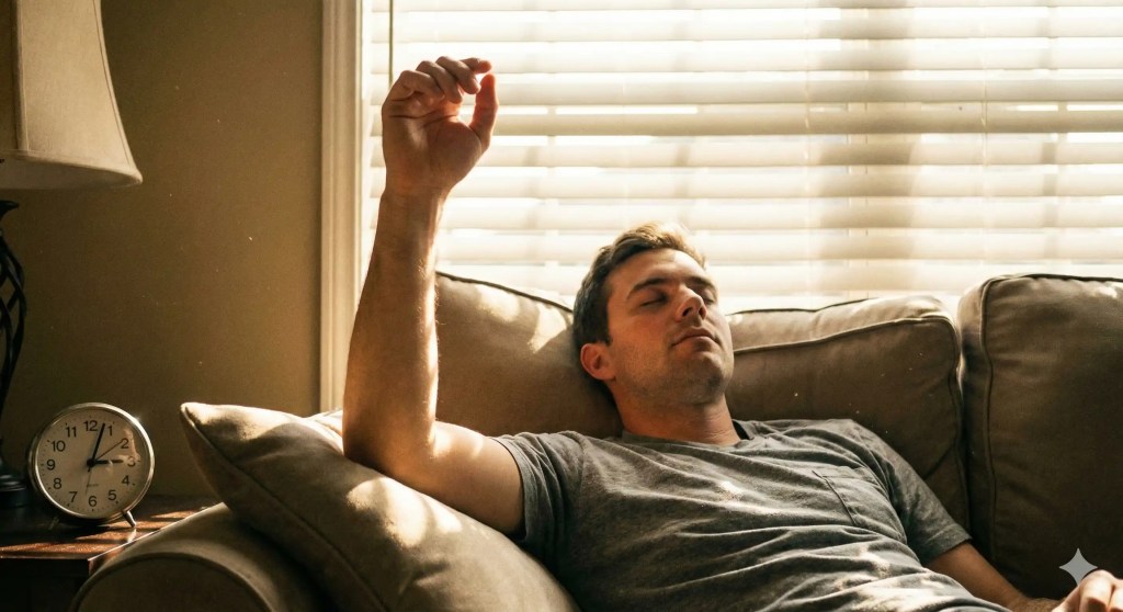 Man taking an afternoon nap on a sofa using the vertical forearm anchor technique to maintain awareness for lucid dreaming.
